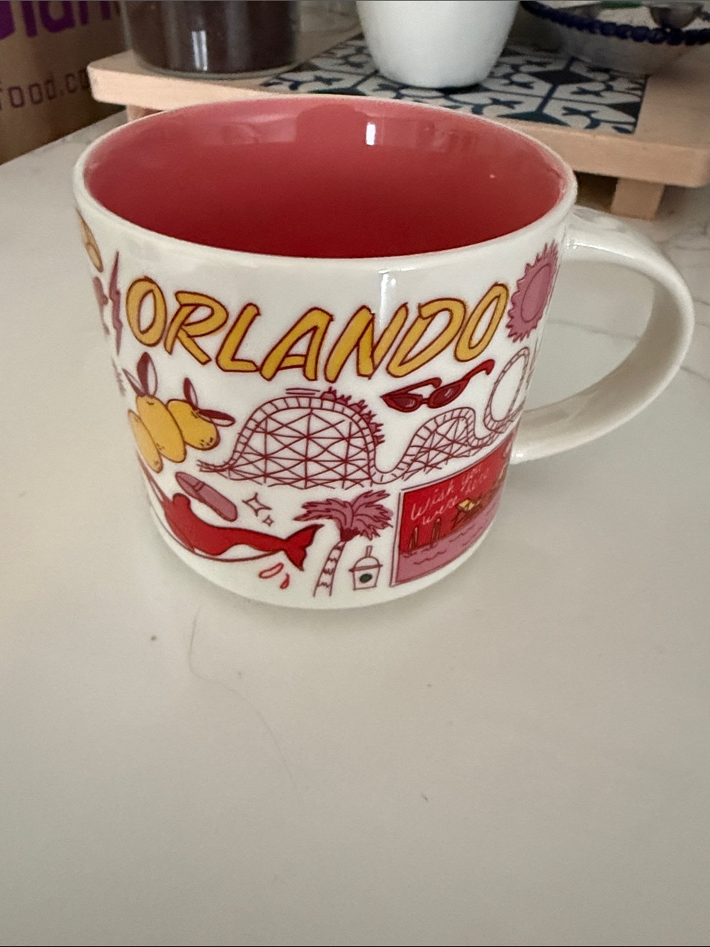 Starbucks Orlando Ceramic Mug - Red Interior with Yellow Accents